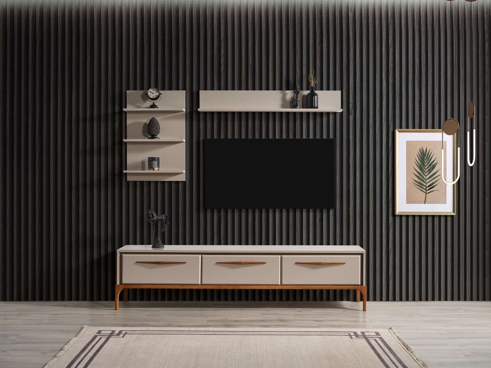 Modern Kumsal TV Ünitesi takımı, ahşap detaylı, çok katlı raflı ve minimalist salon mobilyası - Odasen