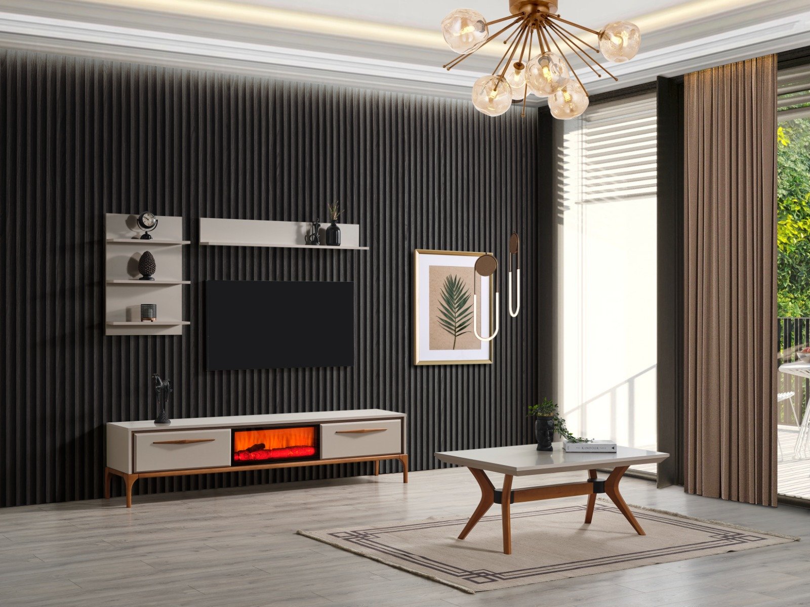 Modern Kumsal Salon Takımı, şömine efektli TV ünitesi, orta sehpa ve ahşap detaylı minimalist mobilyalar - Odasen