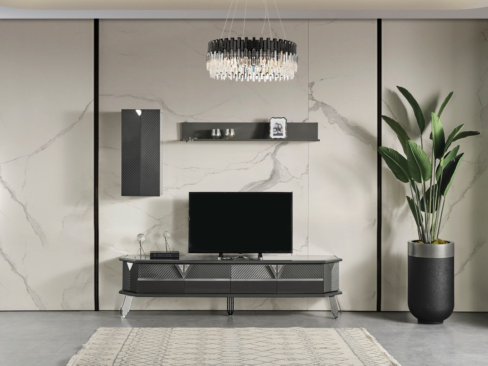 Lüks Madrid TV Ünitesi takımı, antrasit renkli, metal detaylı ve geometrik dokulu modern salon mobilyası - Odasen