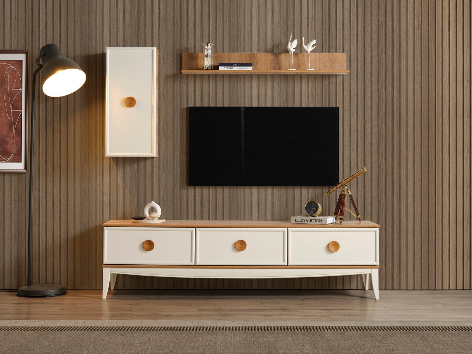 Modern Silva TV Ünitesi takımı, ahşap kulplu çekmeceler, duvara monte raflar ve minimalist salon mobilyası - Odasen