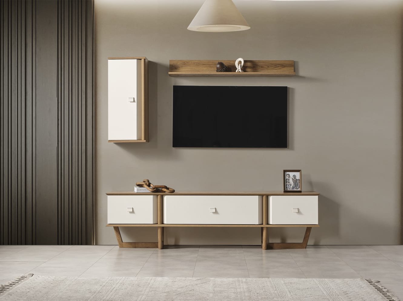 Modern Soft TV Ünitesi takımı, doğal ahşap ayaklı, minimalist çekmeceli ve duvara monte raflı salon mobilyası - Odasen