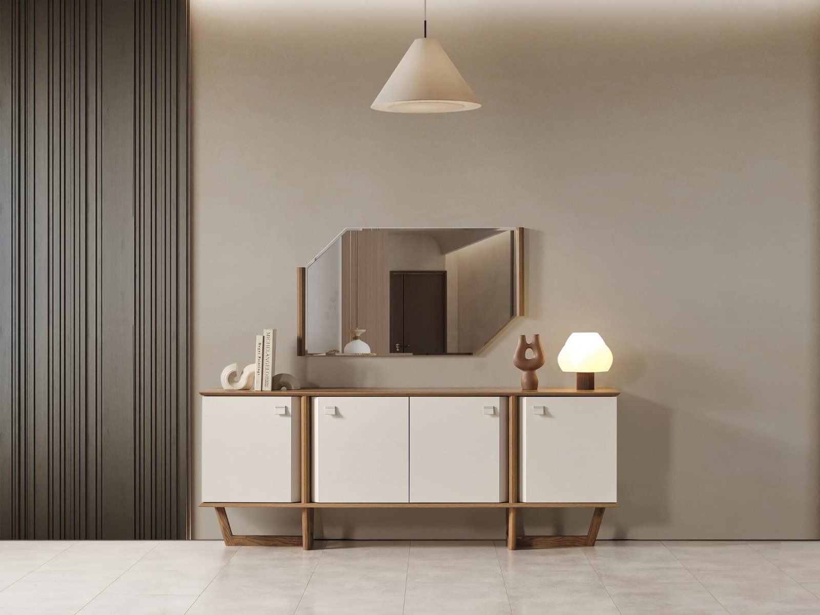Modern Soft Konsol, ahşap çerçeveli aynalı, depolama alanlı büfe ve minimalist tasarım - Odasen