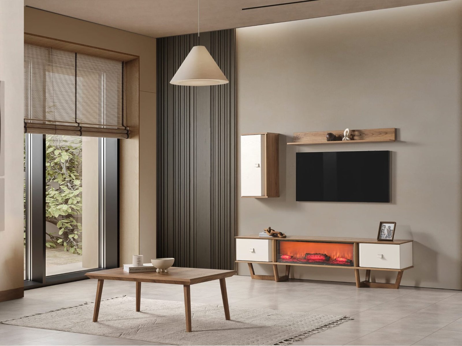 Modern Soft Yemek Odası Takımı, şömine efektli TV ünitesi, ahşap orta sehpa ve beyaz minimalist mobilyalar ile şık yemek alanı - Odasen