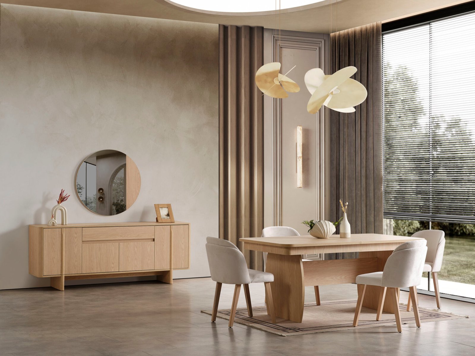 Modern Star Yemek Odası Takımı: Açık ahşap yemek masası, konforlu sandalyeler, minimalist konsol ve yuvarlak ayna ile aydınlık ve şık bir yemek alanı - Odasen