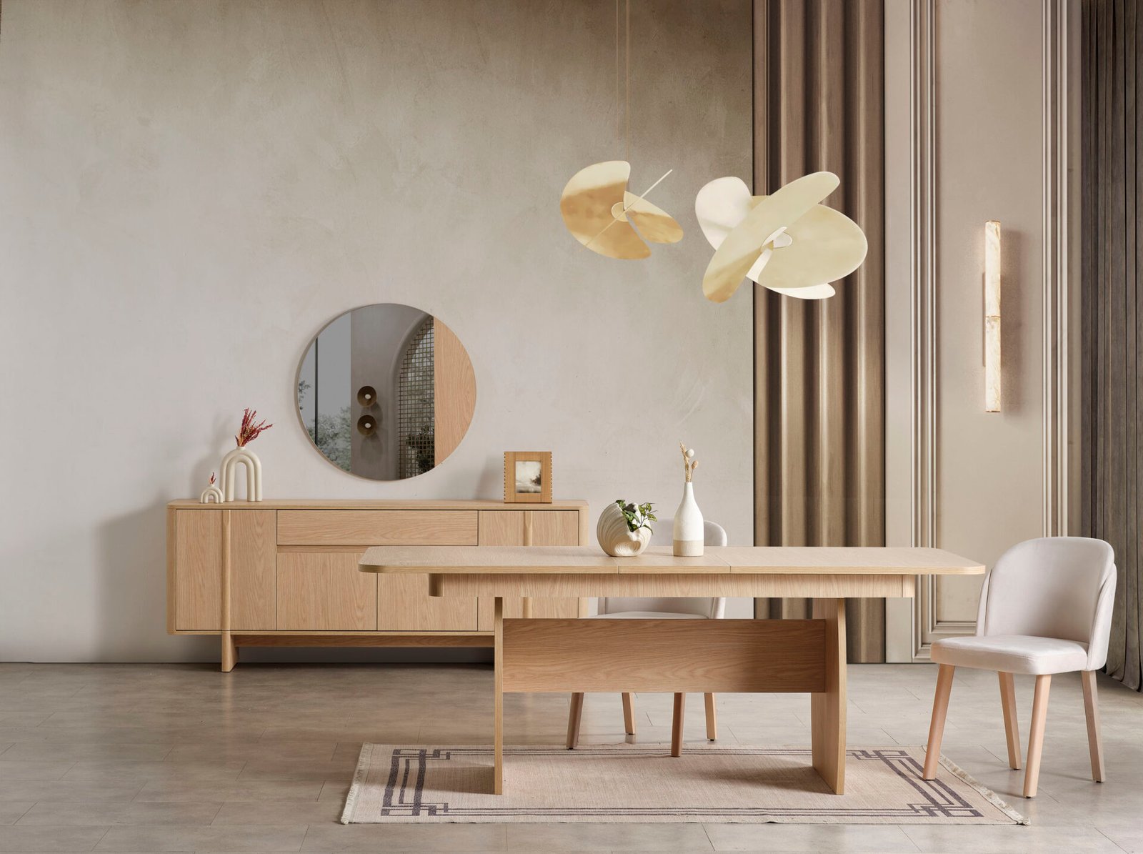Modern Star Yemek Odası Takımı: Doğal ahşap masa, konforlu sandalyeler, minimalist konsol ve yuvarlak ayna ile ferah ve zarif düzen - Odasen