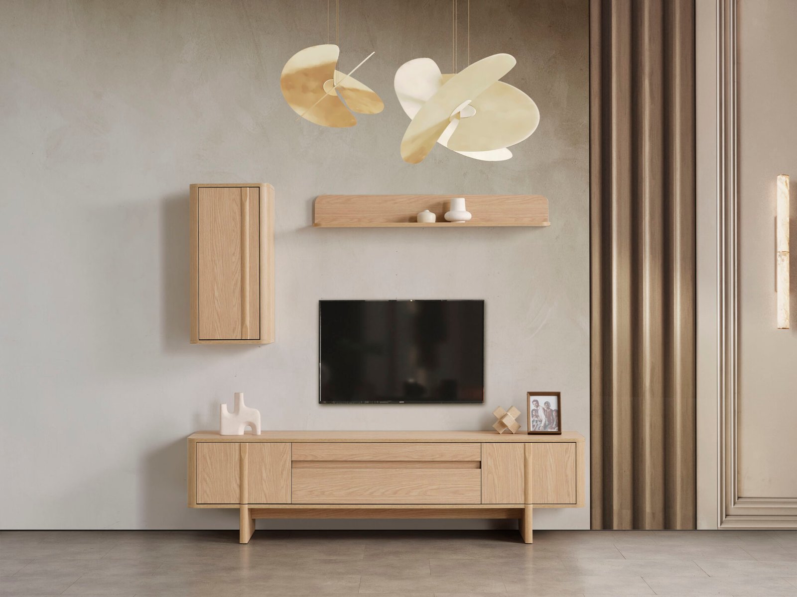 Modern Star Yemek Odası Takımı TV Ünitesi, doğal ahşap dokulu, minimalist tasarımlı ve duvara monte raflı salon mobilyası - Odasen