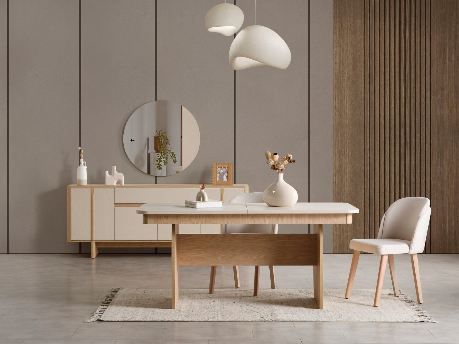Stil Yemek Odası Takımı, doğal ahşap masa, zarif sandalyeler, minimalist konsol ve yuvarlak ayna ile ferah ve çağdaş iç mekan - Odasen