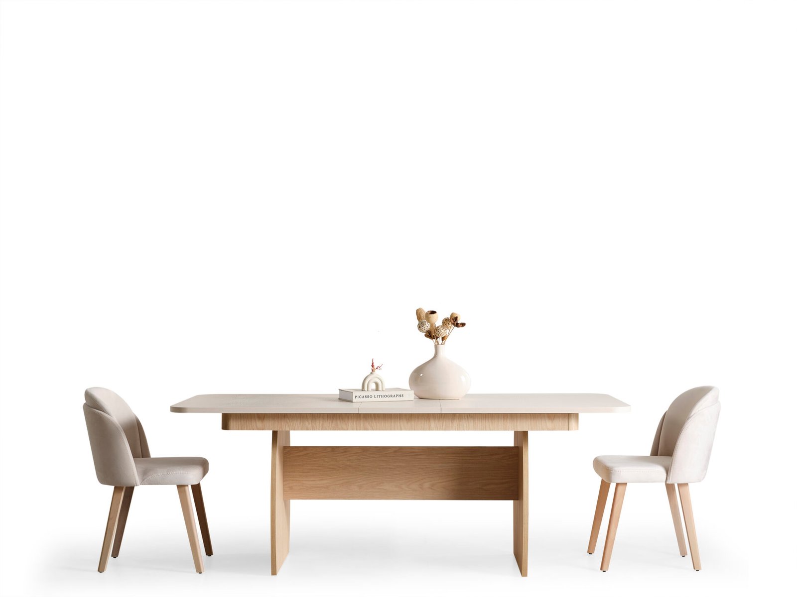 Stil Yemek Odası Yemek Masası, doğal ahşap tabla, konforlu sandalyeler ve ferahlatıcı minimalist tasarım - Odasen
