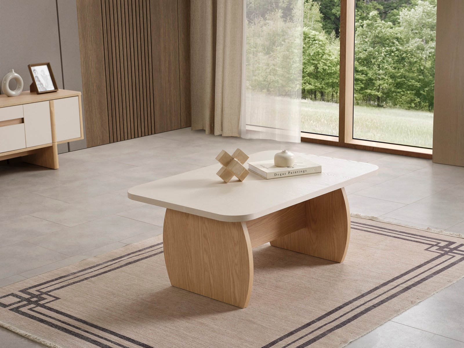 Stil Yemek Odası Orta Sehpa, doğal ahşap tabla, kavisli ayaklar ve ferahlatıcı minimalist tasarım - Odasen