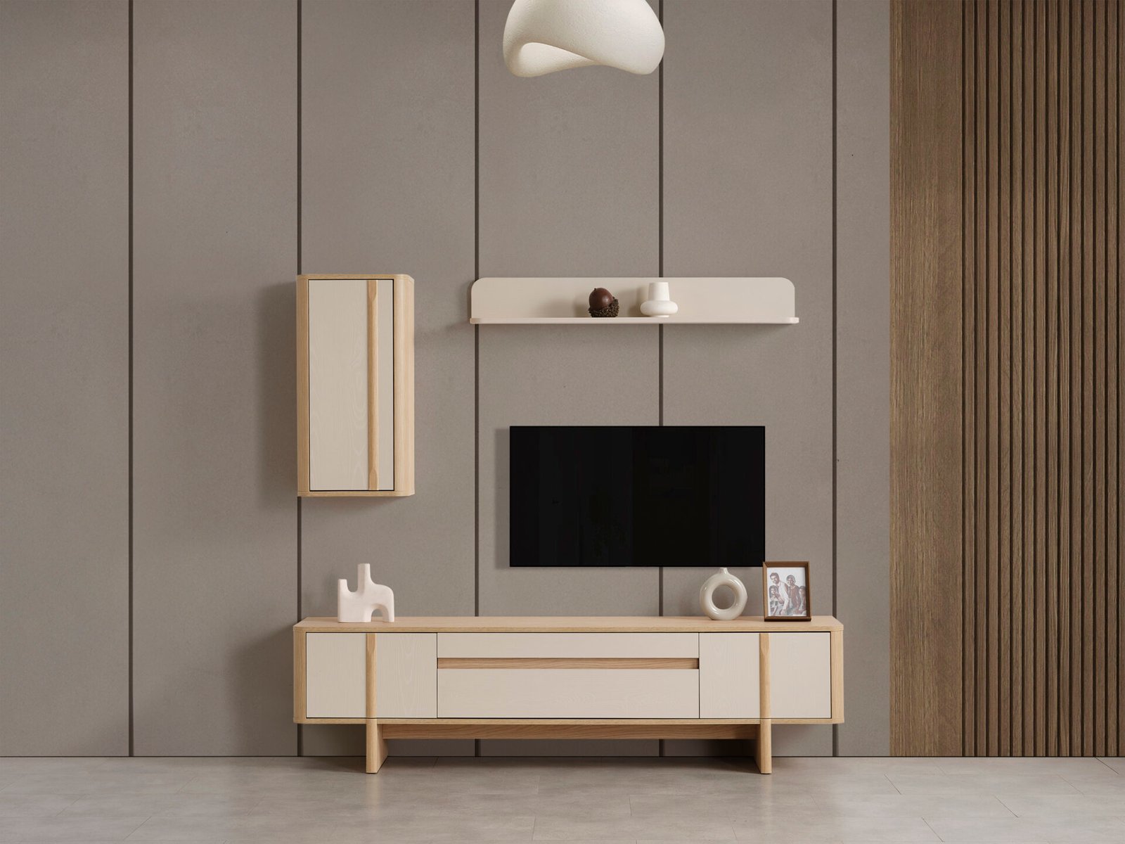 Stil Yemek Odası TV Ünitesi Takımı: Doğal ahşap detaylı, minimalist alt sehpa, duvara monte dolap ve raflar - Odasen