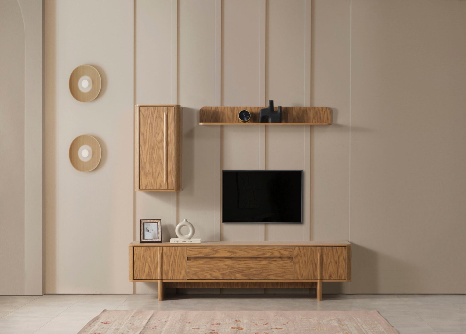 Zirve Yemek Odası TV Ünitesi Takımı, doğal ahşap TV sehpası, duvara monte dolap ve raflar ile minimalist mobilya - Odasen