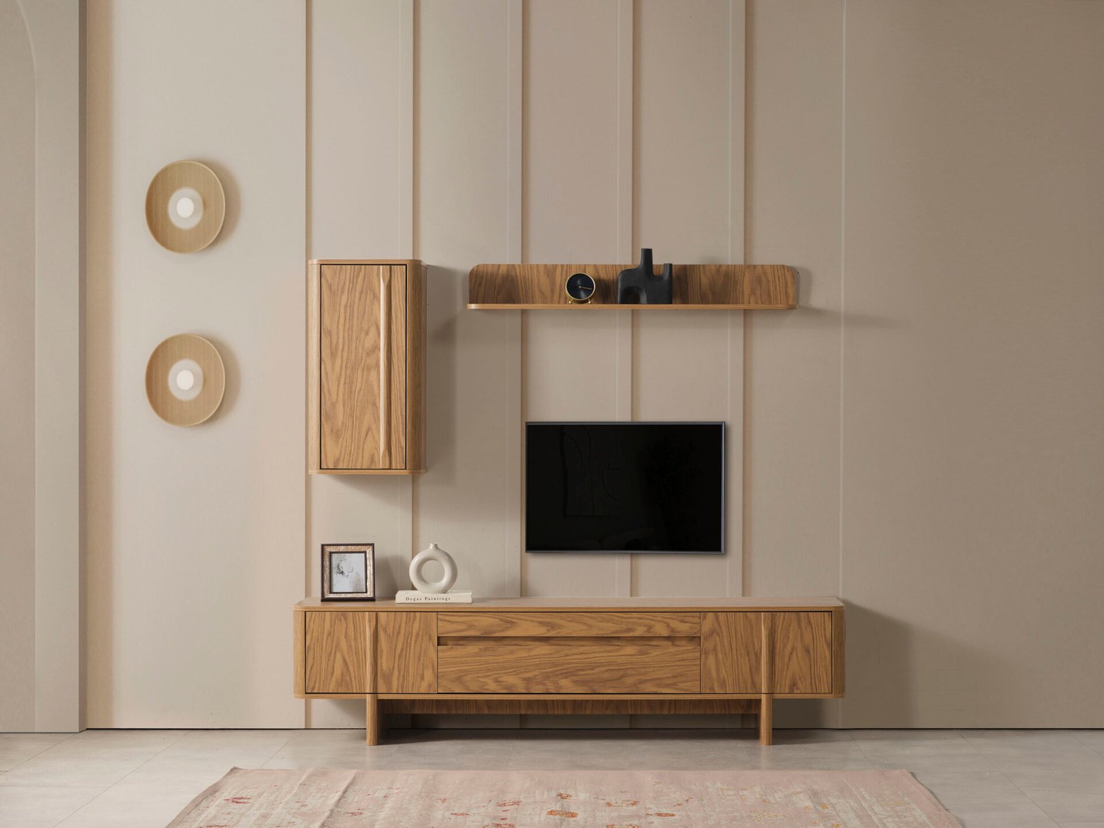 Zirve Yemek Odası TV Ünitesi Takımı, doğal ahşap TV sehpası, duvara monte dolap ve raflar ile minimalist mobilya - Odasen