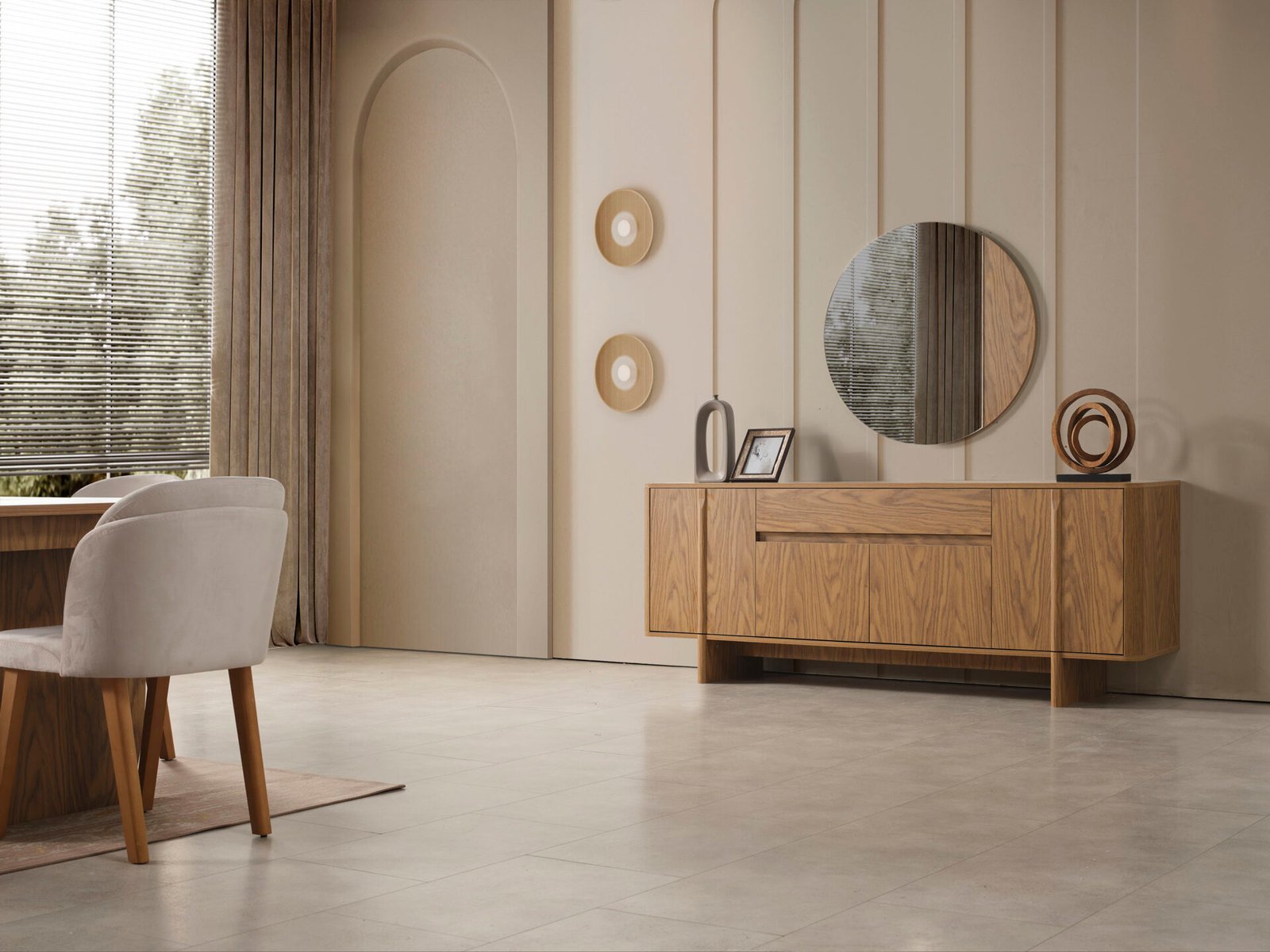 Zirve Yemek Odası Konsol, doğal ahşap dokulu, geniş çekmeceli büfe ve yuvarlak ayna ile minimalist depolama çözümü - Odasen