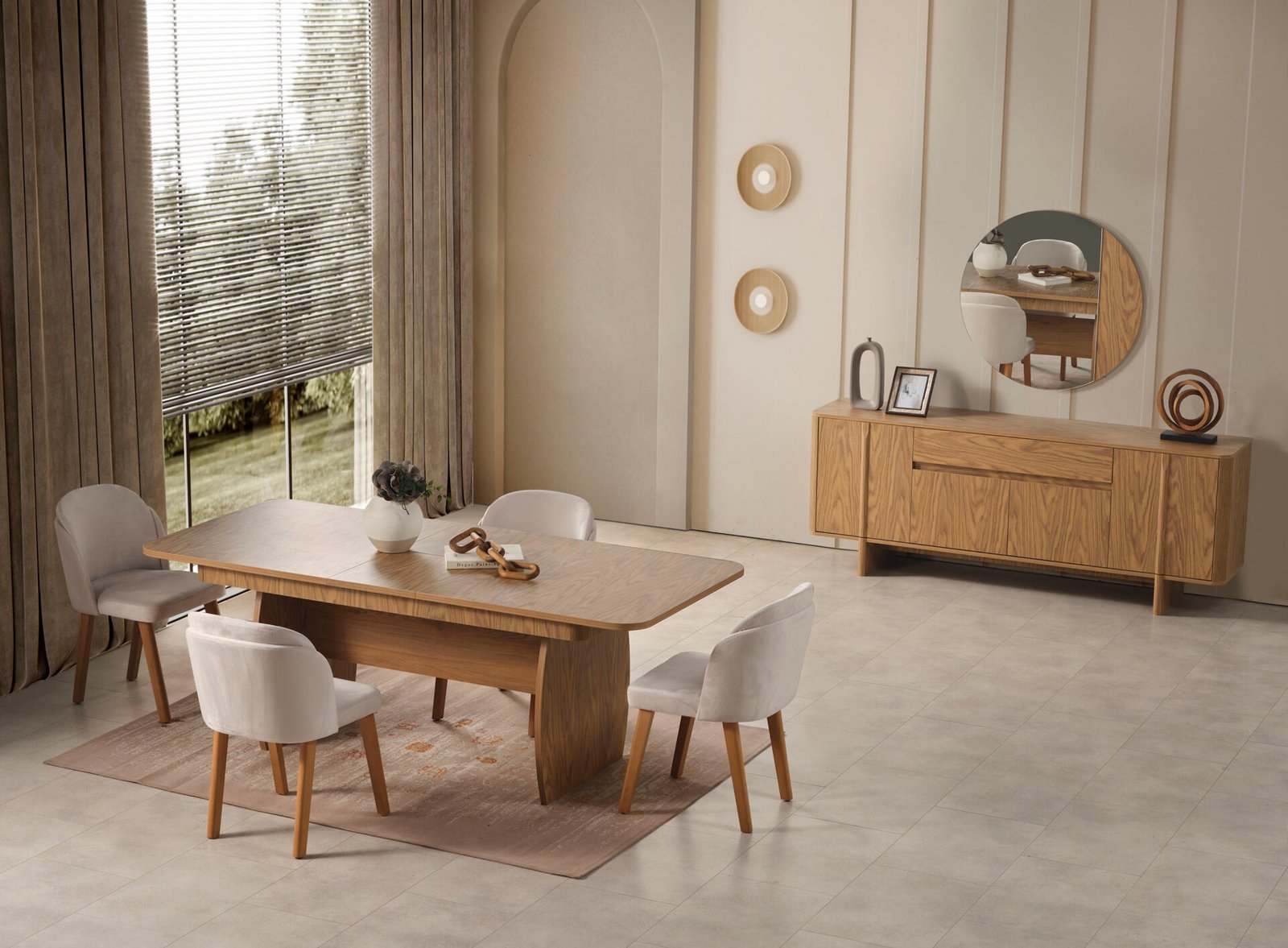 Zirve Yemek Odası Takımı, doğal ahşap masa, konforlu sandalyeler, minimalist konsol ve yuvarlak ayna ile ferah ve çağdaş düzen - Odasen