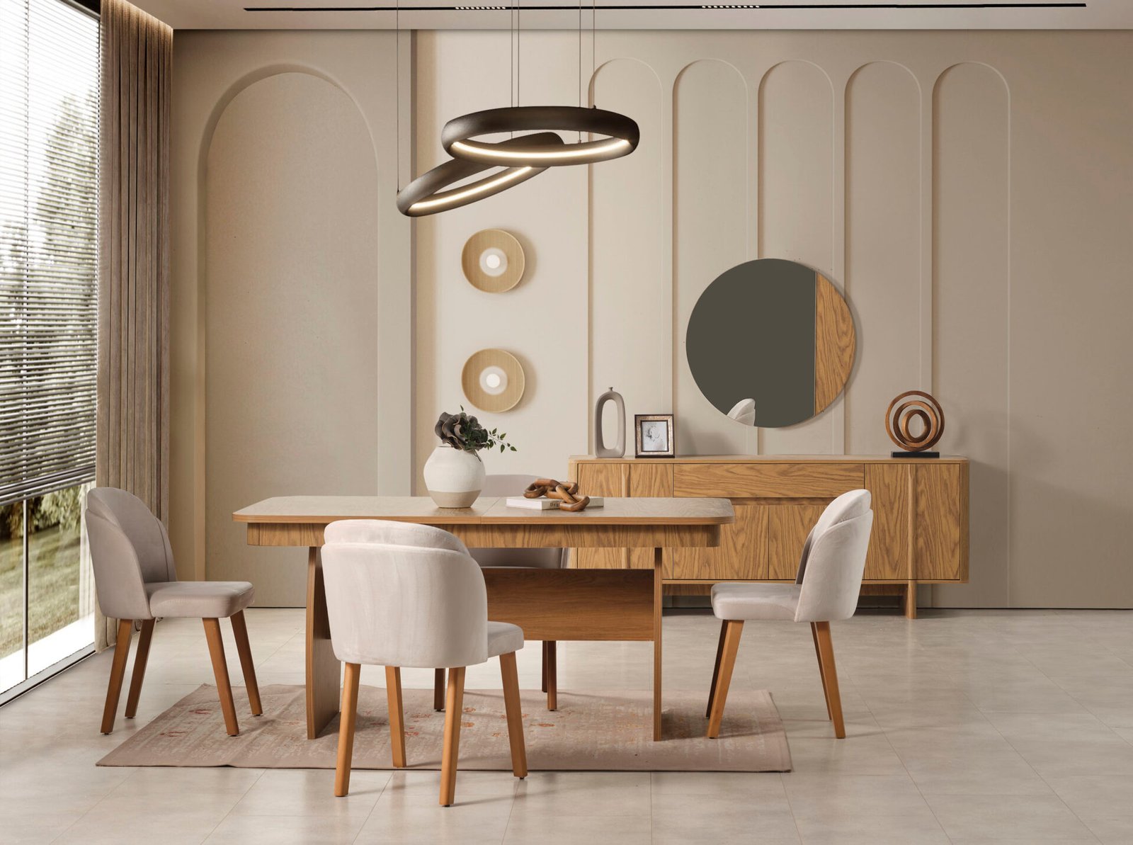 Zirve Yemek Odası Takımı, doğal ahşap masa, konforlu sandalyeler, minimalist konsol ve yuvarlak ayna ile ferah ve çağdaş düzen - Odasen