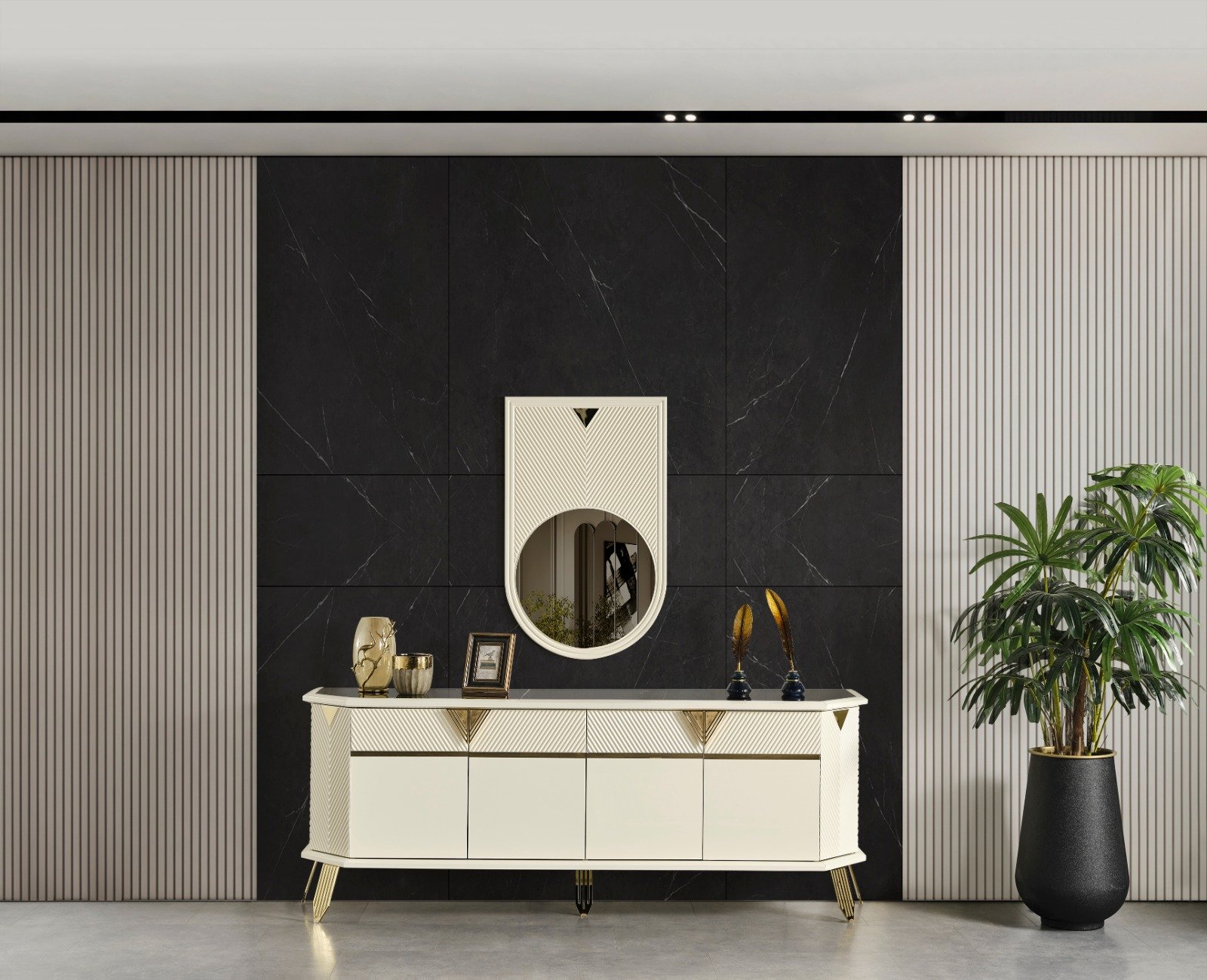Lüks City Yemek Odası Konsolu, geometrik ayna, dikey fitilli paneller ve gold detaylı modern büfe - Odasen