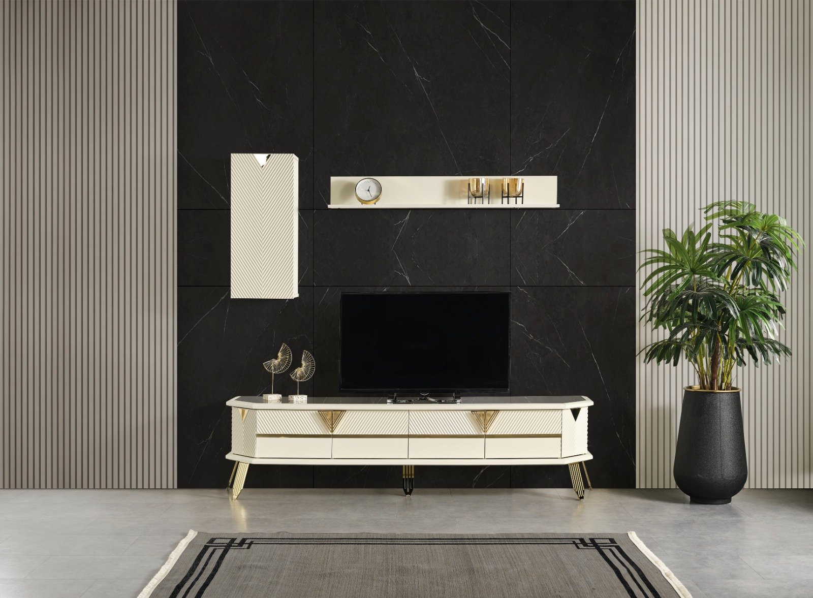 City modern TV ünitesi, beyaz ve gold detaylı televizyon sehpası, duvar rafı ve dolabı