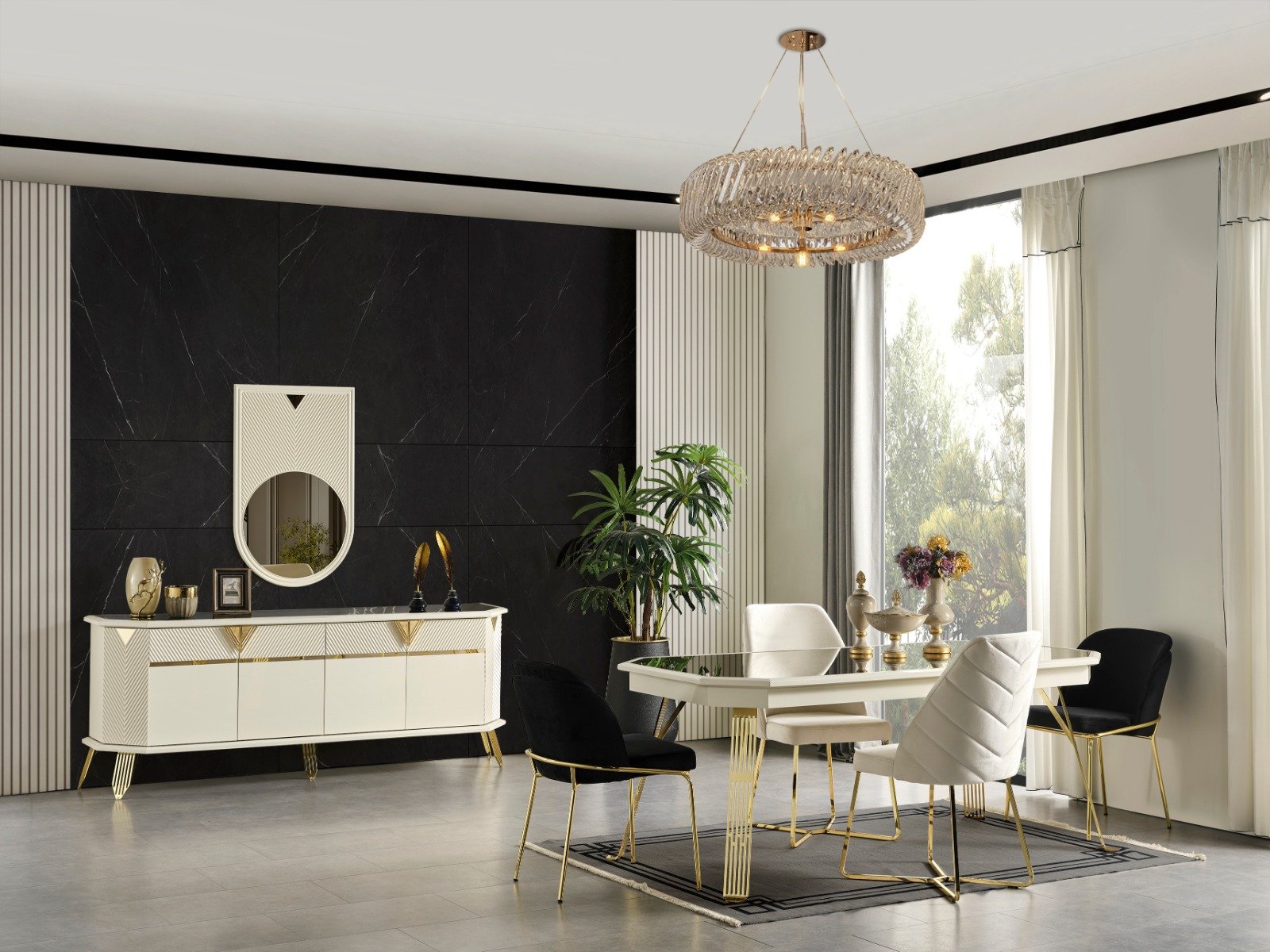 Lüks City Yemek Odası Takımı, gold detaylı masa, kontrast sandalyeler, konsol ve geometrik ayna ile modern iç mekan - Odasen
