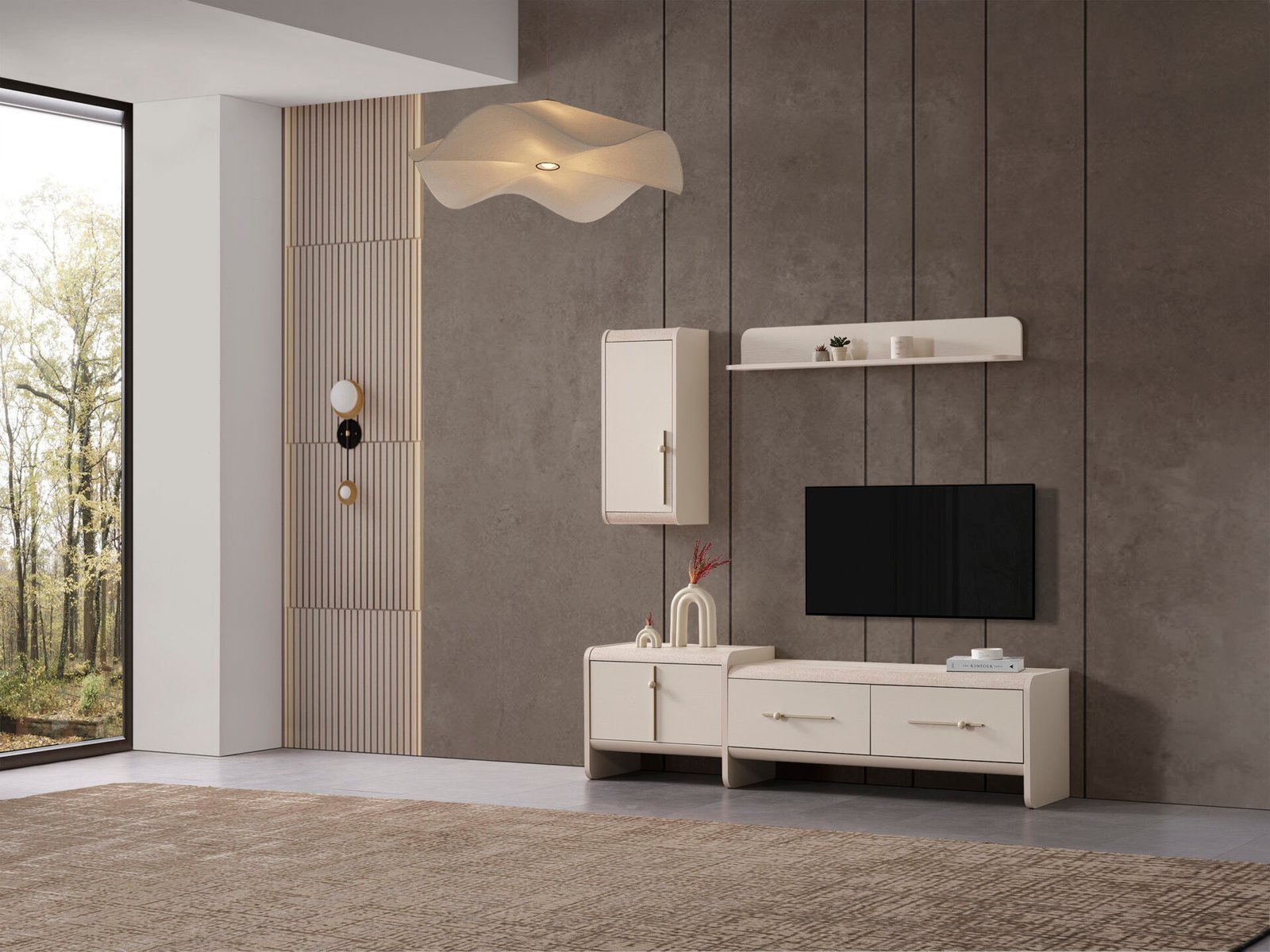 Modern Defne TV Ünitesi takımı, minimalist tasarım, üst raf ve duvara monte dolap - Odasen
