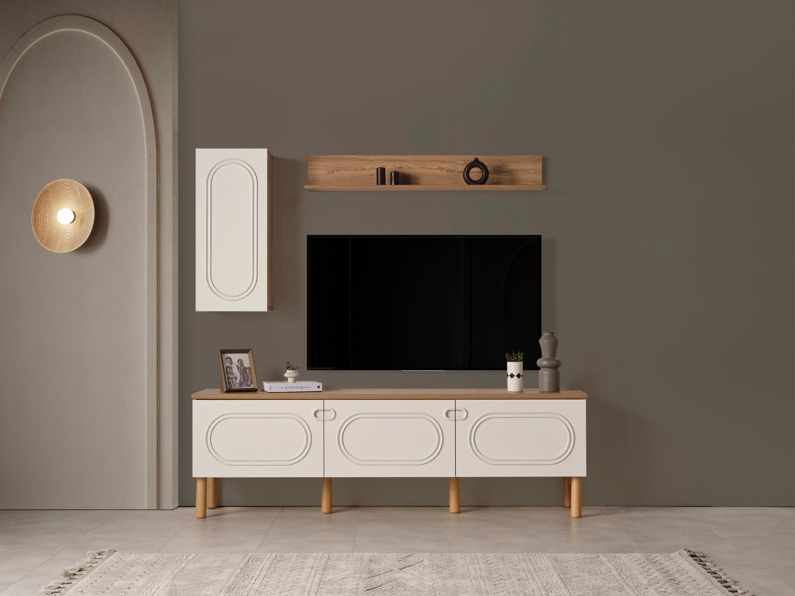 Modern Derin TV Ünitesi takımı, ahşap detaylı, oval kapaklı ve duvara monte raflı salon mobilyası - Odasen