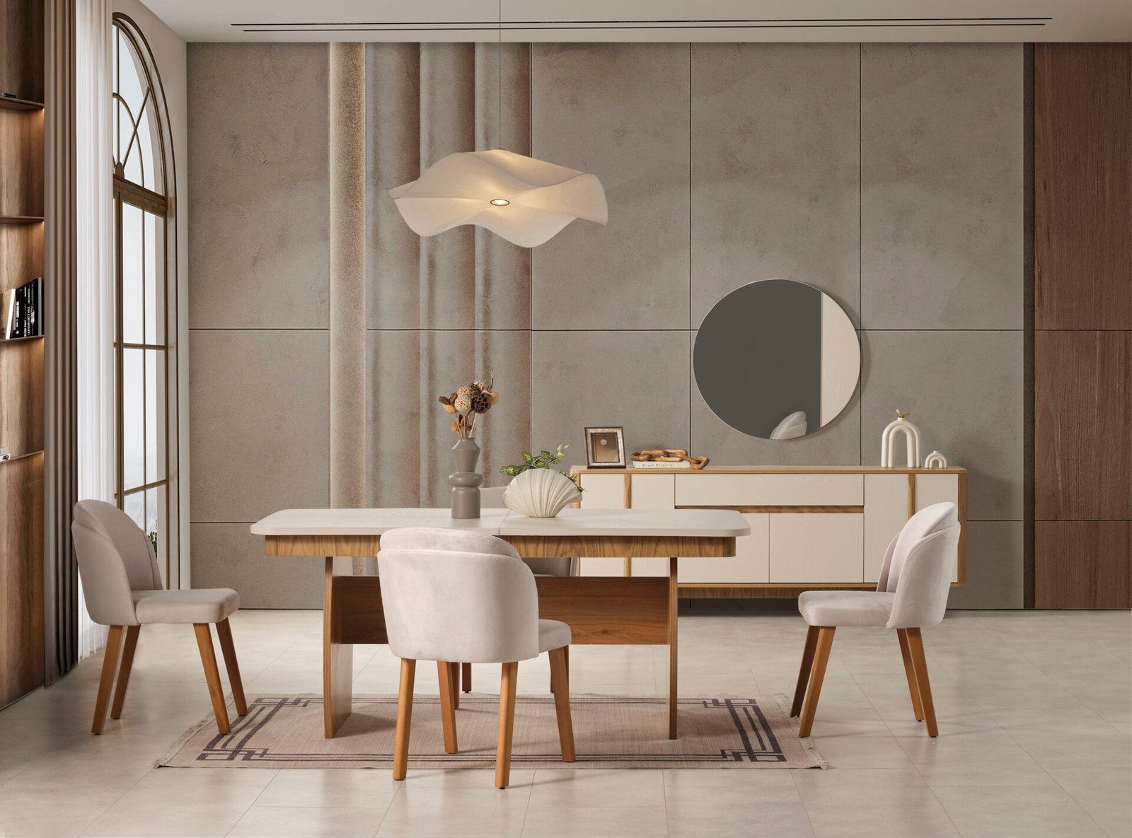 Eylül Yemek Odası Yemek Masası, doğal ahşap tabla, minimalist ayaklar ve uyumlu sandalyelerle şık yemek alanı - Odasen
