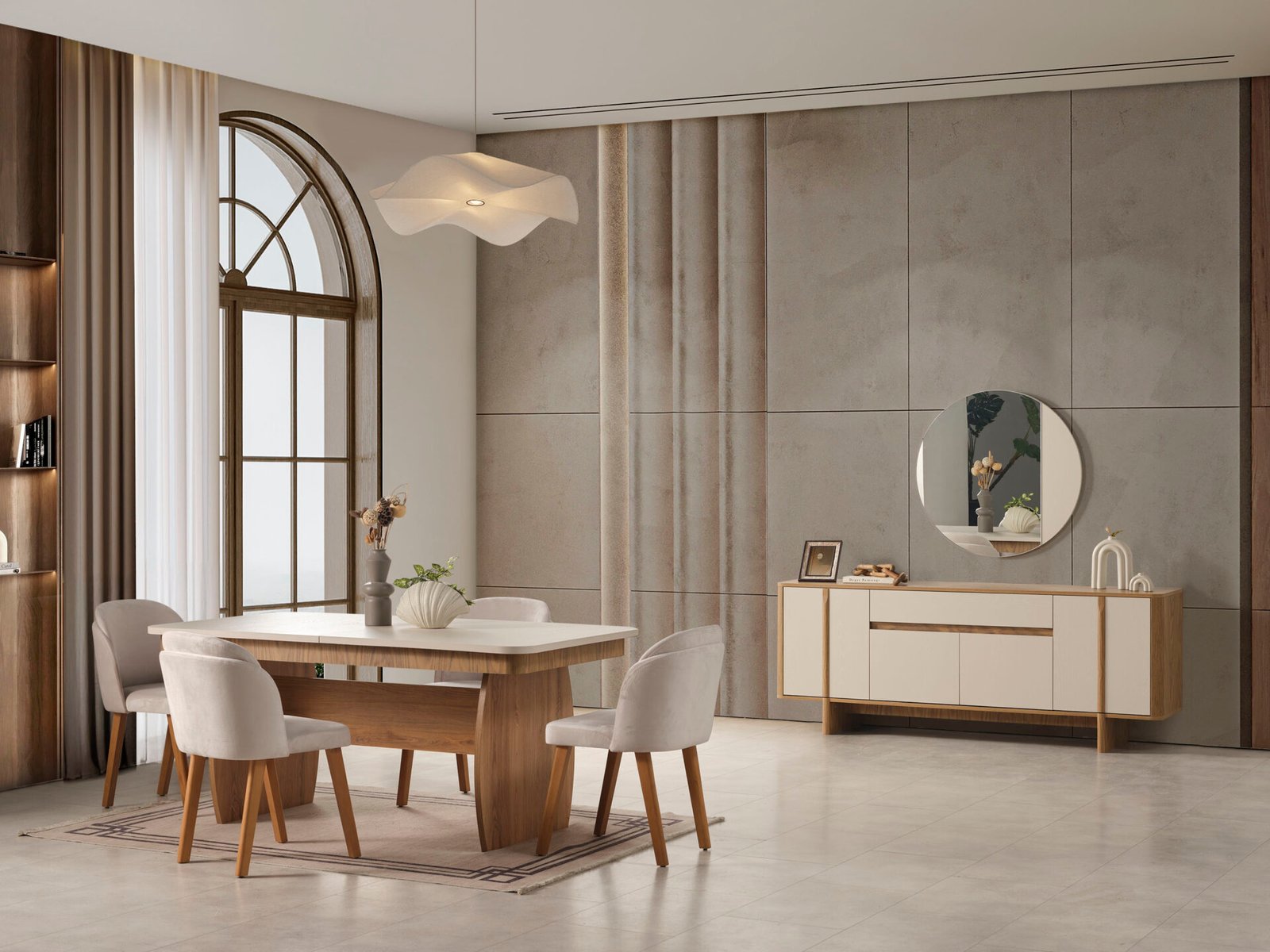 Eylül Yemek Odası Takımı, doğal ahşap masa, konforlu sandalyeler, minimalist konsol ve yuvarlak ayna ile ferah ve çağdaş düzen - Odasen