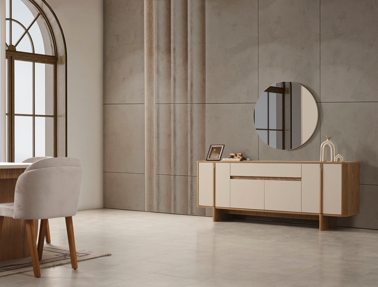 Eylül Yemek Odası Konsol, doğal ahşap dokulu, geniş çekmeceli büfe ve yuvarlak ayna ile minimalist depolama çözümü - Odasen