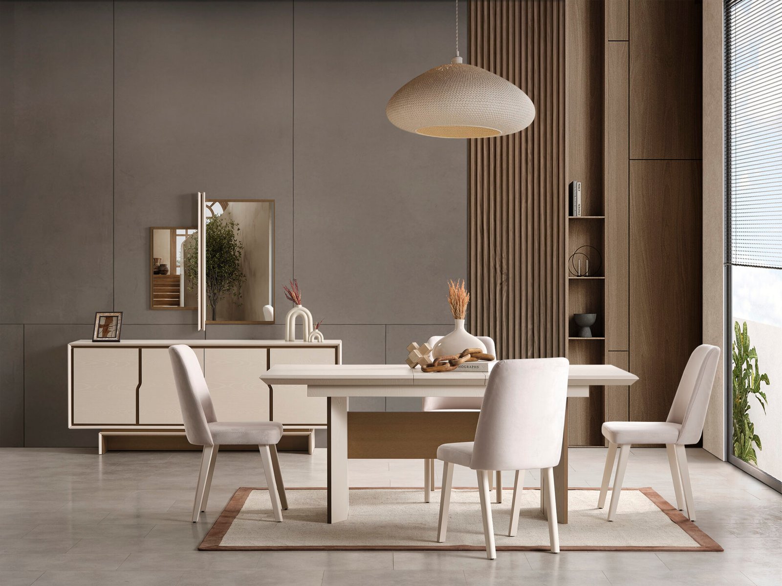 İpek Yemek Odası Takımı, doğal ahşap masa, konforlu sandalyeler, minimalist konsol ve ikili ayna ile ferah ve çağdaş düzen - Odasen
