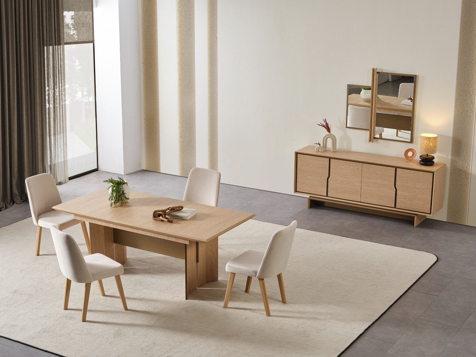 Rota Yemek Odası Takımı, doğal ahşap masa, konforlu sandalyeler, minimalist konsol ve ayna ile ferah ve çağdaş düzen - Odasen